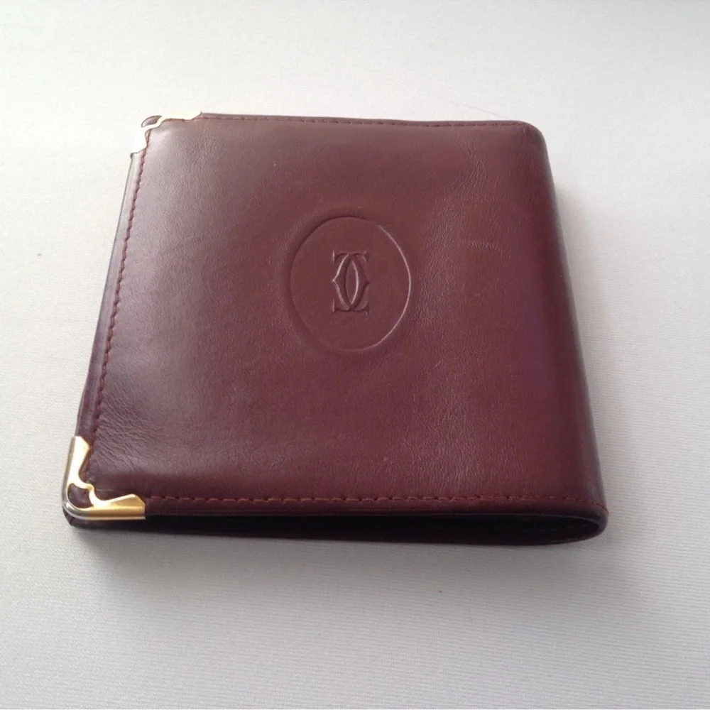 Cartier Bordeaux Red leather wallet vintage square bifold compact.